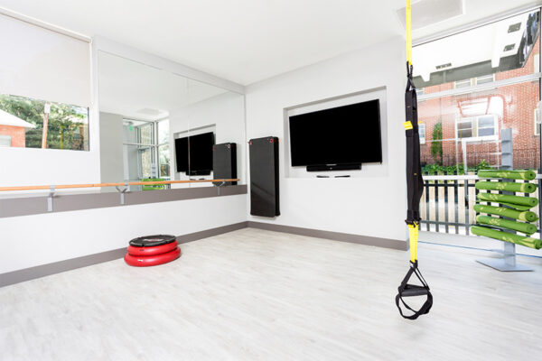 Workout room with mirror wall, TV, exercise bands, yoga mats, and large window.