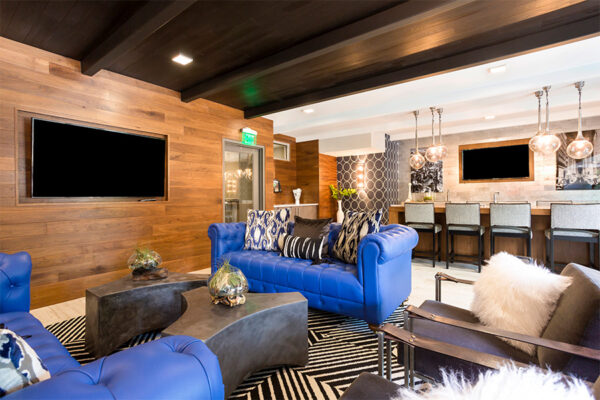 Lounge with wall mounted TV, plush loveseats, modern chairs, and eclectic decor.