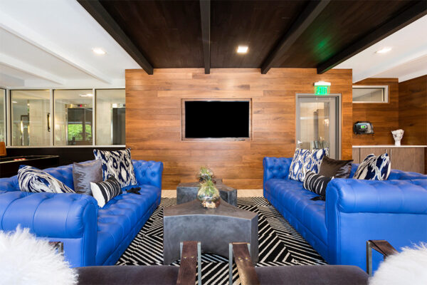 Lounge with wall mounted TV, plush loveseats, modern chairs, and eclectic decor.