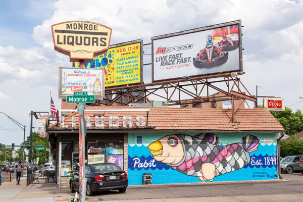 Monroe Liquors with Pabst branded mural of a fish.