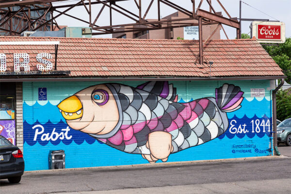Monroe Liquors with Pabst branded mural of a fish.