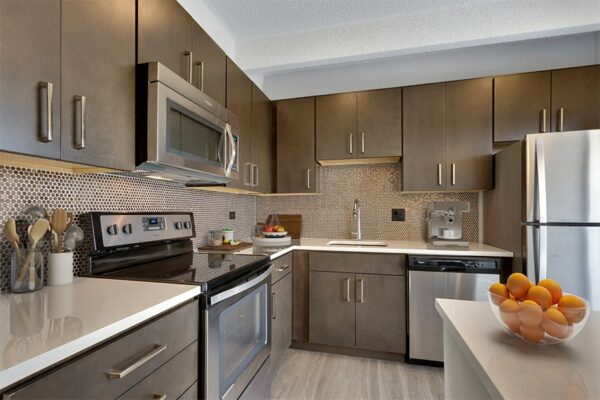Kitchen with wood floor and cabinets, light counters, stainless steel appliances, and tiled backsplash.