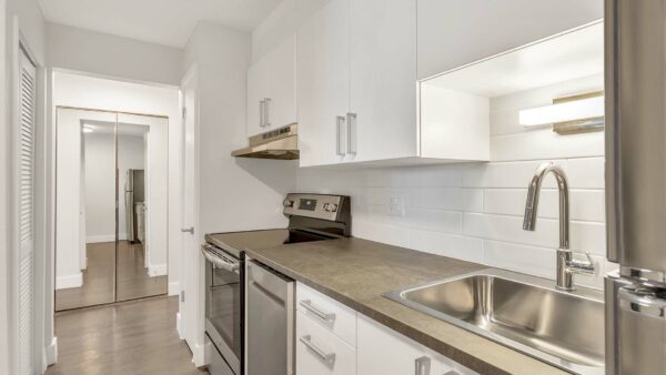 Kitchen with white cabinets, grey counters, stainless steel appliances, and pantry.