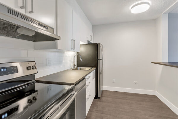 Kitchen with wood floor, white cabinets, stainless steel appliances, and opening to living area.