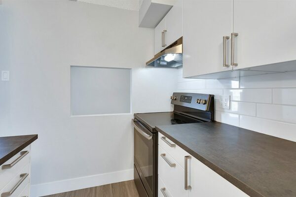 Kitchen with white cabinets, dark counters, stainless steel appliances, and tiled backsplash.