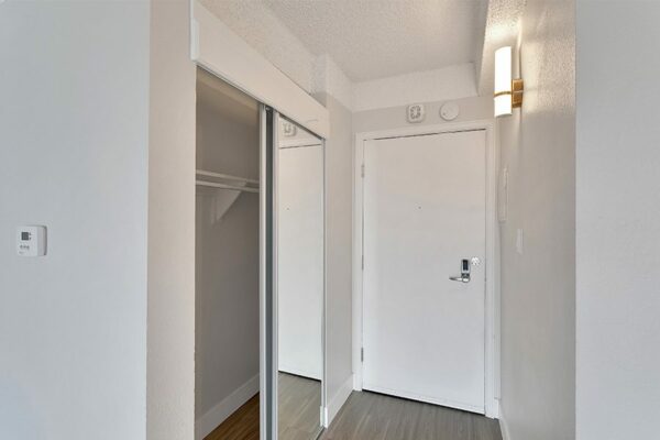 Apartment entry with wood floor and sliding mirror closet door.
