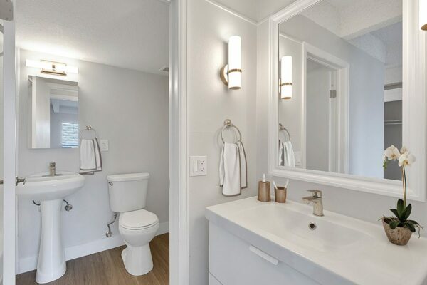 Bathroom with wood floor, white cabinets and counter and large framed mirror.