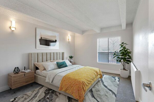 Bedroom with carpet, large rug, bed with plush headboard, artwork, and large window.