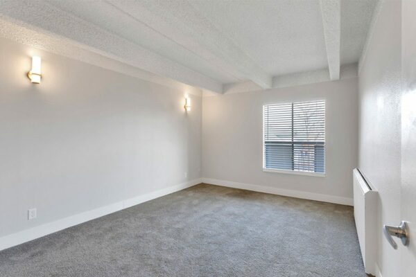 Bedroom with carpet, grey walls, white trim, and large window.