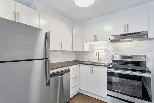 Kitchen with white cabinets, dark counters, stainless steel appliances, and tiled backsplash.