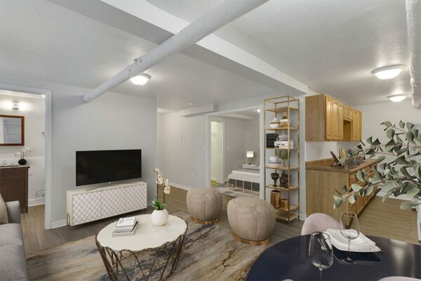 1357 & 1373 Cook living room with eclectic decor and comfortable furniture.