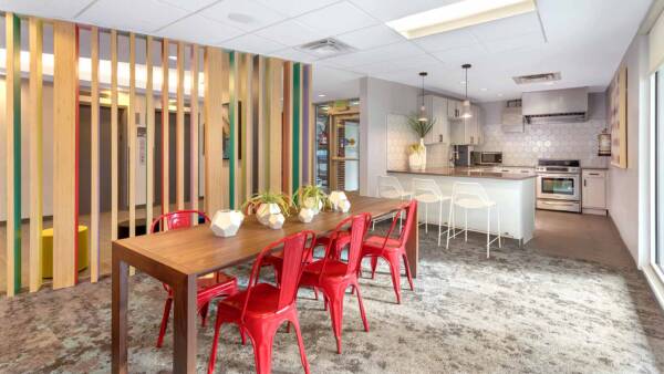 Lounge with demo kitchen, dining table, and eclectic decor.