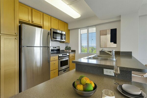 Apartment kitchen with stone counters, stainless steel appliances, and wood cabinets.