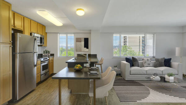 Apartment living space with modern kitchen and comfortable living room.