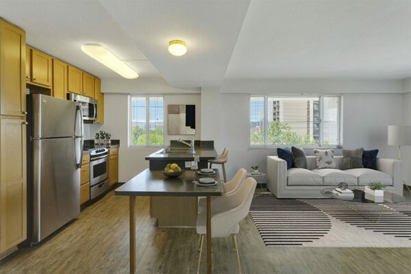 Apartment living space with modern kitchen and comfortable living room.