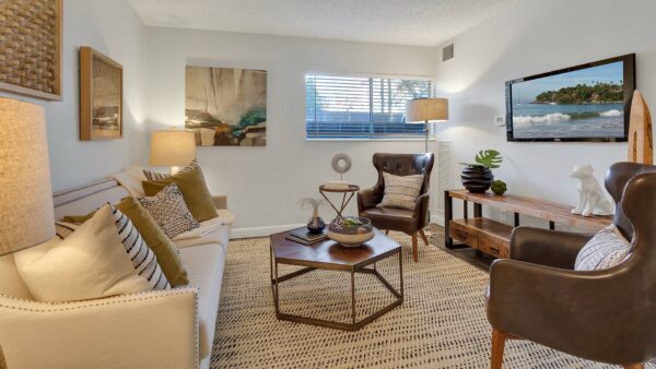 Living room with rug, comfortable rich furniture, wall art, and wall mounted TV.