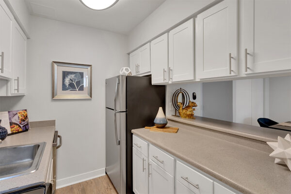 Kitchen with wood floor, white cabinets, light counters, stainless steel appliances, and wall art.