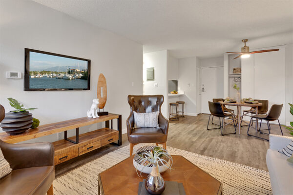 Apartment living room with wood floor, large rug, eclectic decor, and dining table.