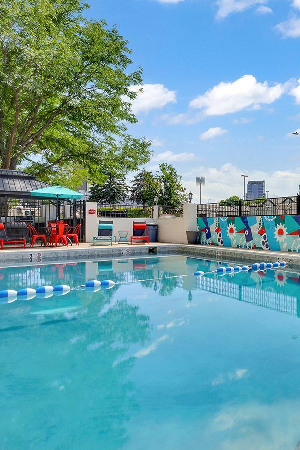 180 Flat exterior pool with lounge chairs.