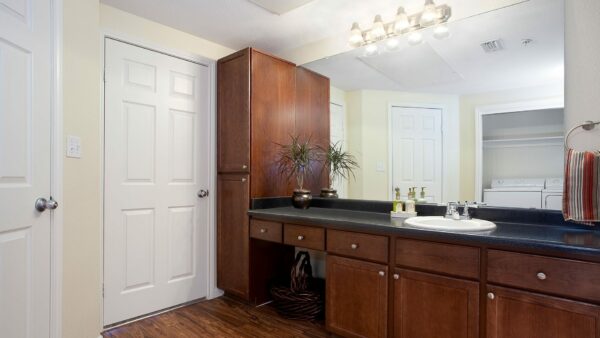 Bathroom with vanity and hardwood flooring.