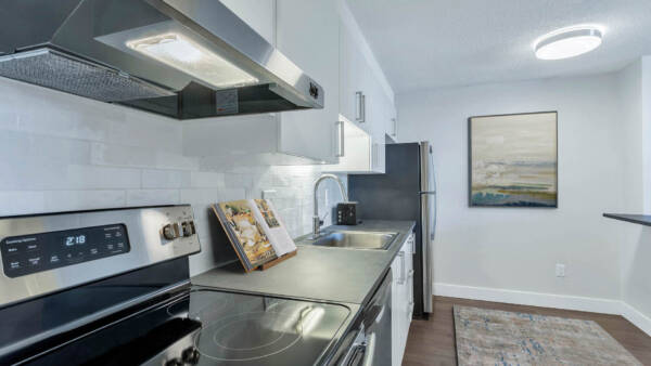Apartment kitchen with wood floor, white cabinets, grey counter, and stainless steel appliances.