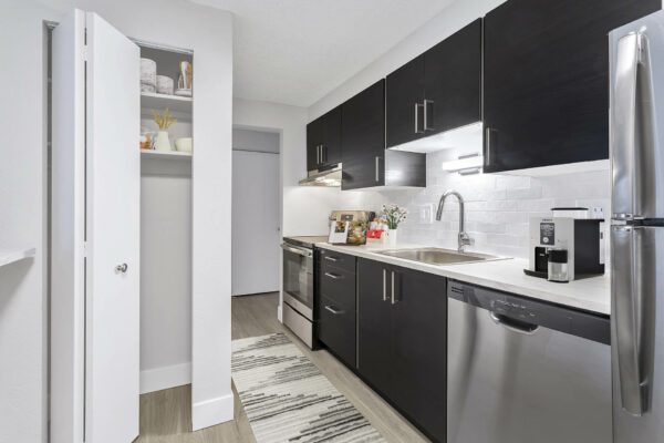 Apartment kitchen with wood floor, dark cabinets, and light counters.