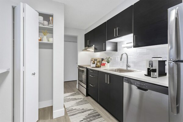Apartment kitchen with wood floor, dark cabinets, and light counters.