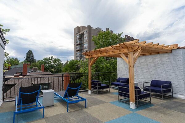 Outdoor patio with lounge chairs.