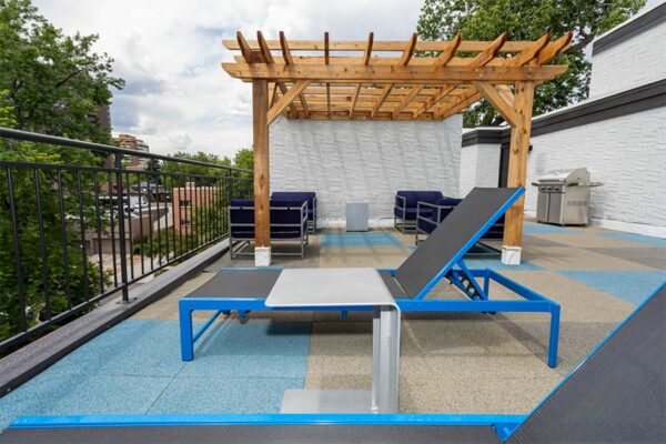 Outdoor patio with lounge chairs.