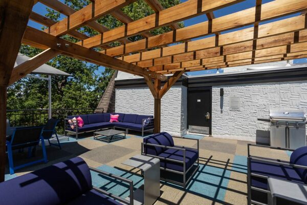 Outdoor patio with lounge chairs.