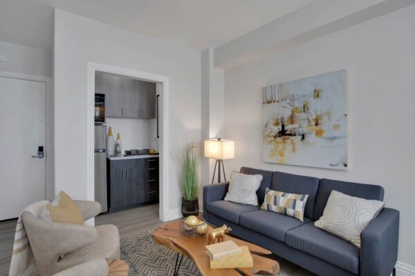 studio apartment living area with couch and kitchen