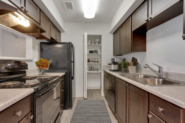 kitchen with dark wood cabinets, black appliances, and pantry