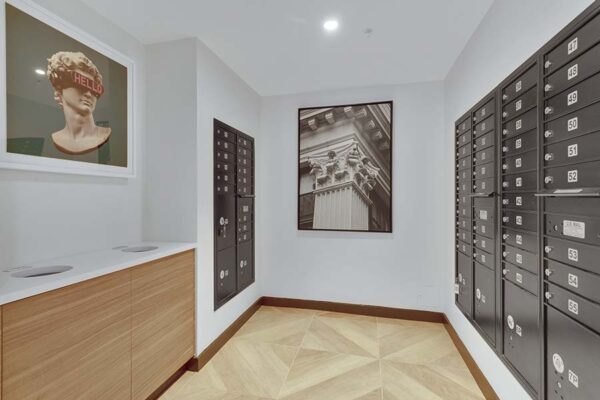 Bright, cozy post-renovation mail room at the Scot.