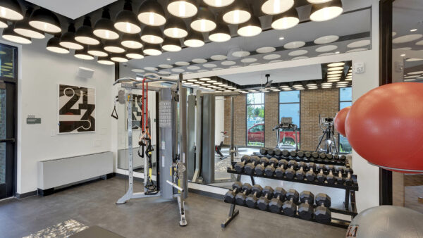 Fitness center with mirror wall, weight equipment, and exercise balls.
