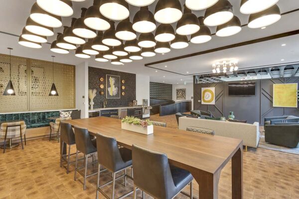 Bright, modern, eclectic post-renovation lounge at the Scot.