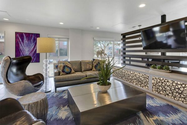 Lounge area in clubhouse at 515 Clarkson with a plush couch, large coffee table, and a television.