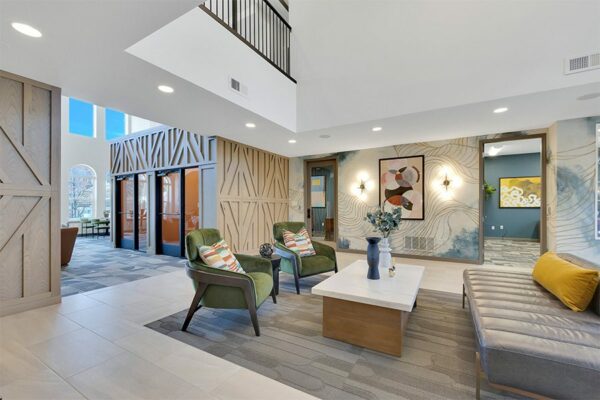 Apartment lobby with lounge seating.