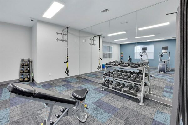 Fitness center with free weights.
