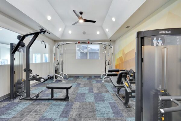 Fitness center with free weights.