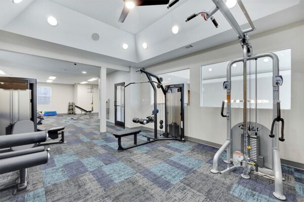 Fitness center with free weights.