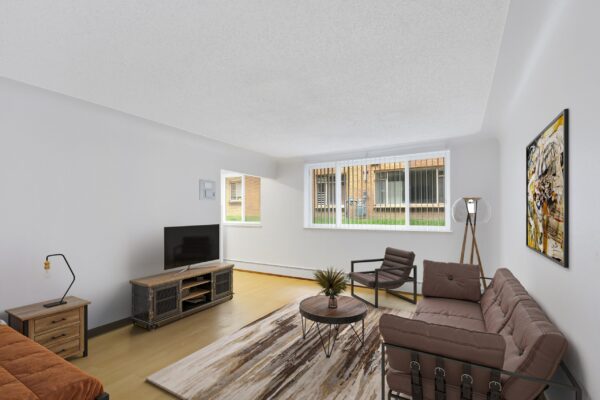 studio apartment with bed and couch and night stand