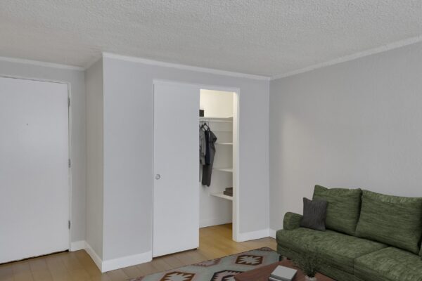 one bedroom apartment living room closet next to the front door