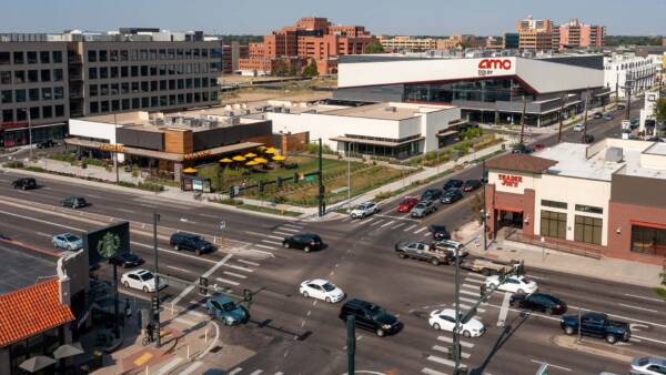 View of the city from 1190 Birch, showing a Trader Joe's, Starbucks, and AMC.