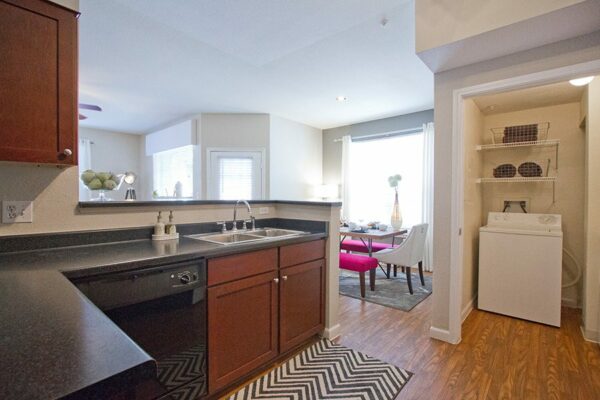 Kitchen with island and dining area.