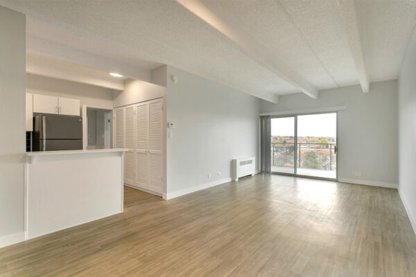 Living room and kitchen with wood floor, cool gray walls, and sliding door to balcony.