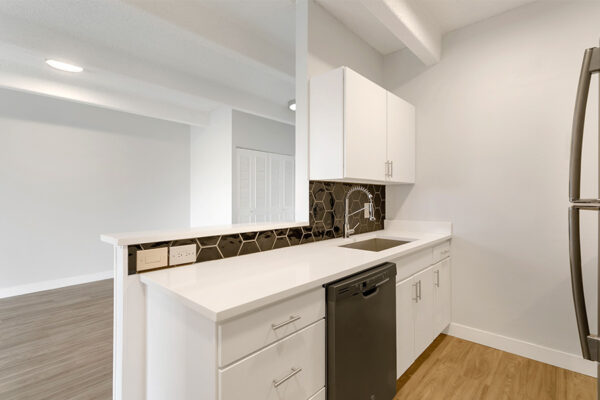 Kitchen with white cabinets and counters, gray dishwasher, and tiled backsplash.
