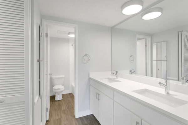 Bathroom with wood floor, white cabinets and counter, large mirror, and door to toilet and shower.