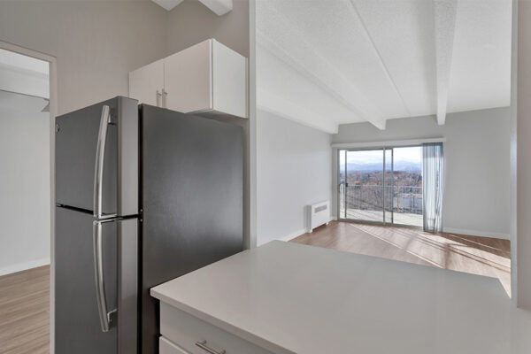 Kitchen with white cabinets and counters, dark grey fridge, and opening to living room.