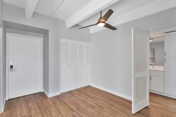 Living room with wood floor, cool gray walls, closet, and entry door.