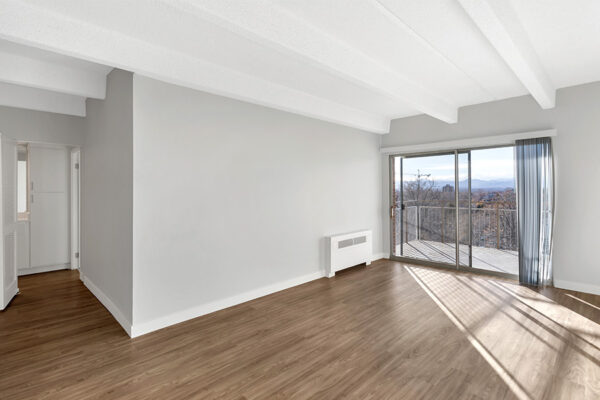 Living room with wood floor, cool gray walls, and sliding door to balcony.